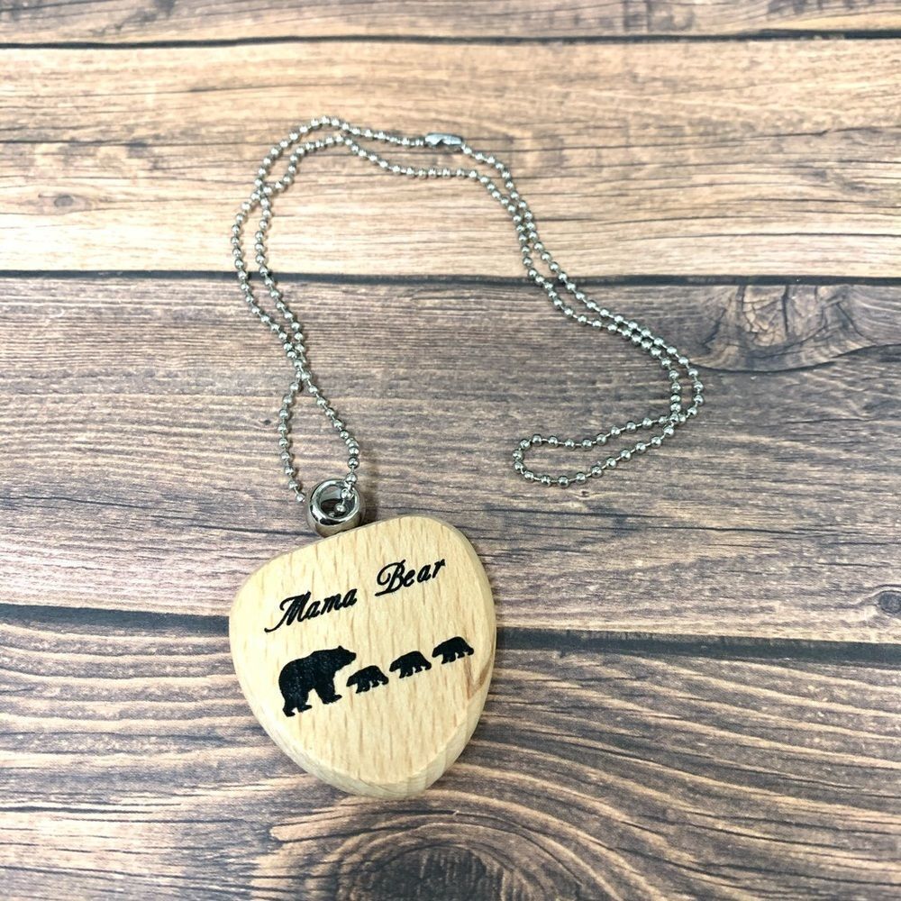 Mama Bear 3 Cub Wooden Heart Necklace‎